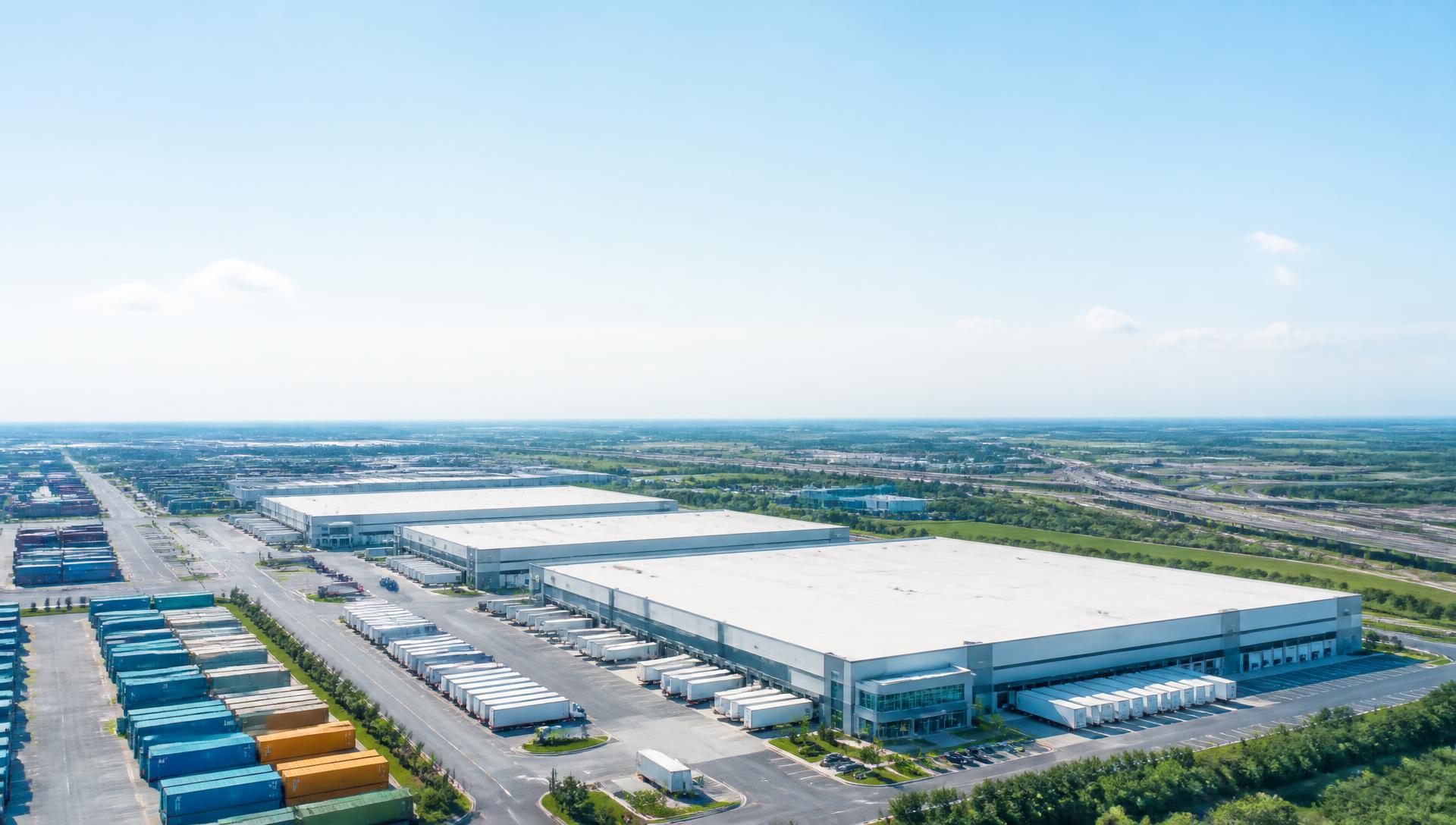 Aerial view of a modern distribution centre campus with loading docks, trailers and containers
